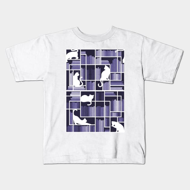 Rainbow bookshelf // monochromatic violet white shelf and library cats Kids T-Shirt by SelmaCardoso